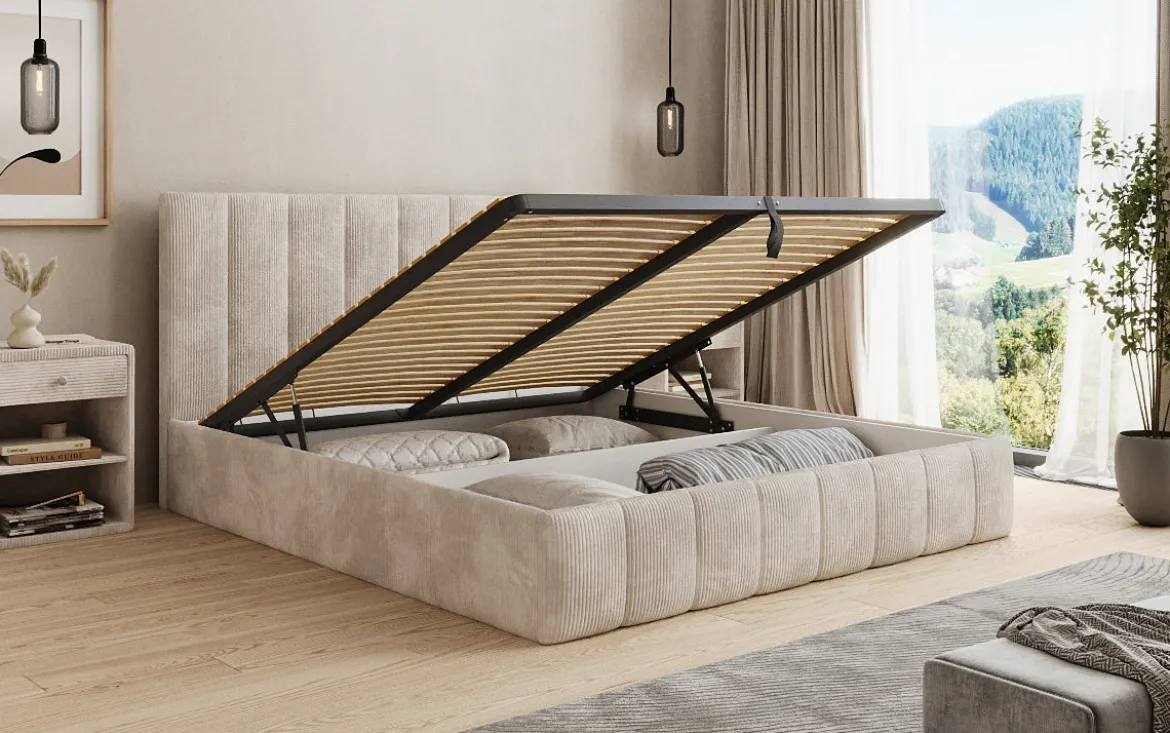 Designer Polsterbett Mila in Cord mit Stauraum