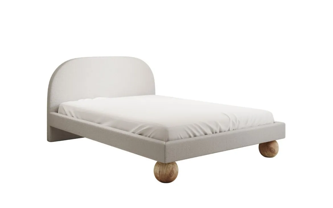 Designer Polsterbett Milo in Bouclé mit runden Holzfüßen