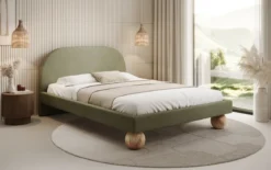 Designer Polsterbett Milo in Bouclé mit runden Holzfüßen