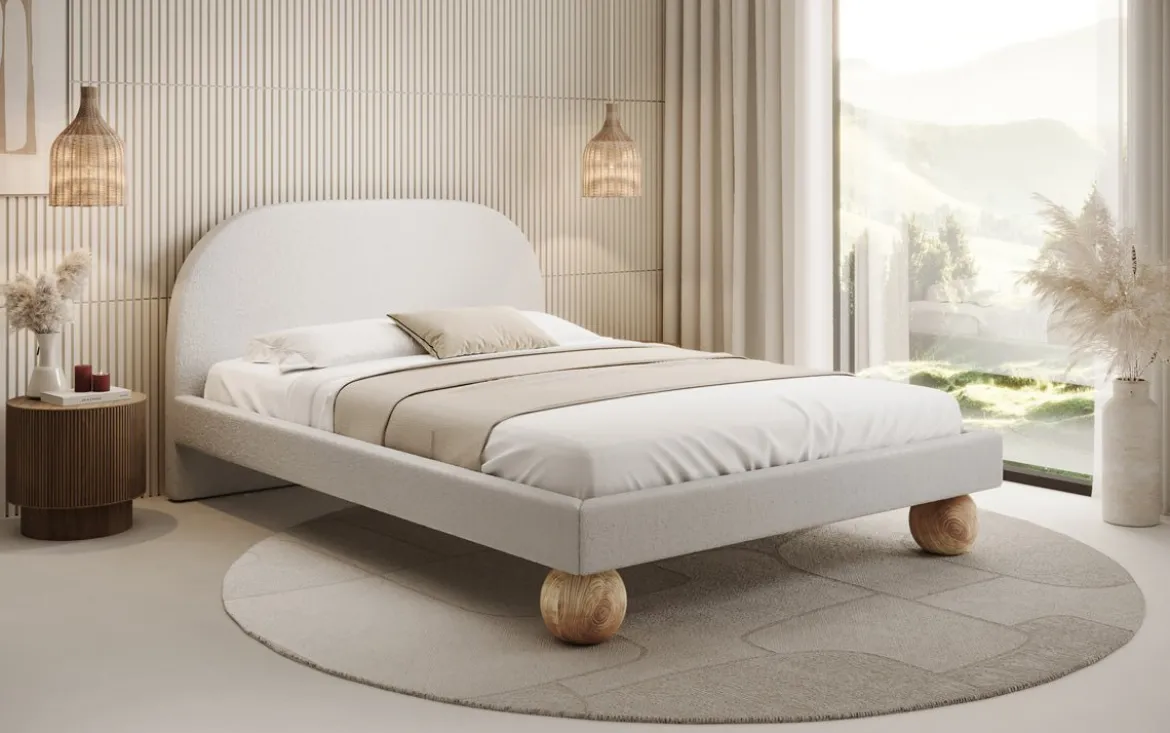 Designer Polsterbett Milo in Bouclé mit runden Holzfüßen
