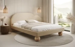 Designer Polsterbett Milo in Bouclé mit runden Holzfüßen