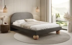 Designer Polsterbett Milo in Bouclé mit runden Holzfüßen