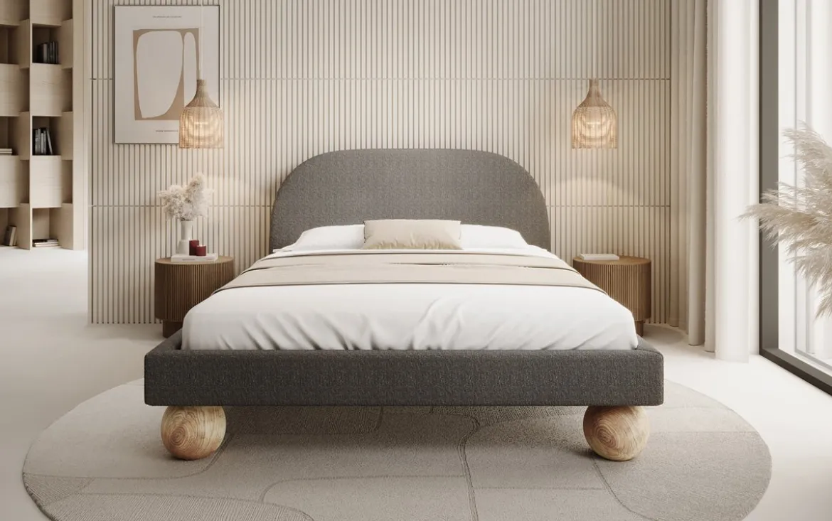 Designer Polsterbett Milo in Bouclé mit runden Holzfüßen