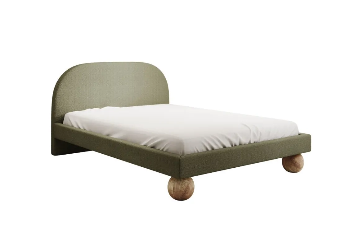 Designer Polsterbett Milo in Bouclé mit runden Holzfüßen