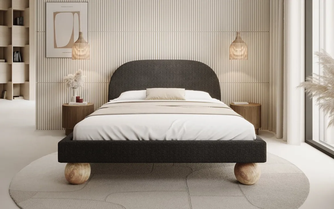 Designer Polsterbett Milo in Bouclé mit runden Holzfüßen