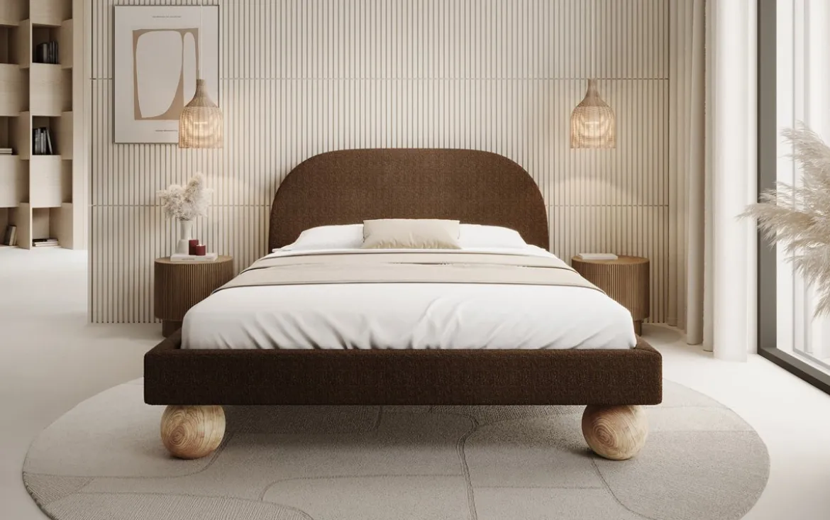Designer Polsterbett Milo in Bouclé mit runden Holzfüßen