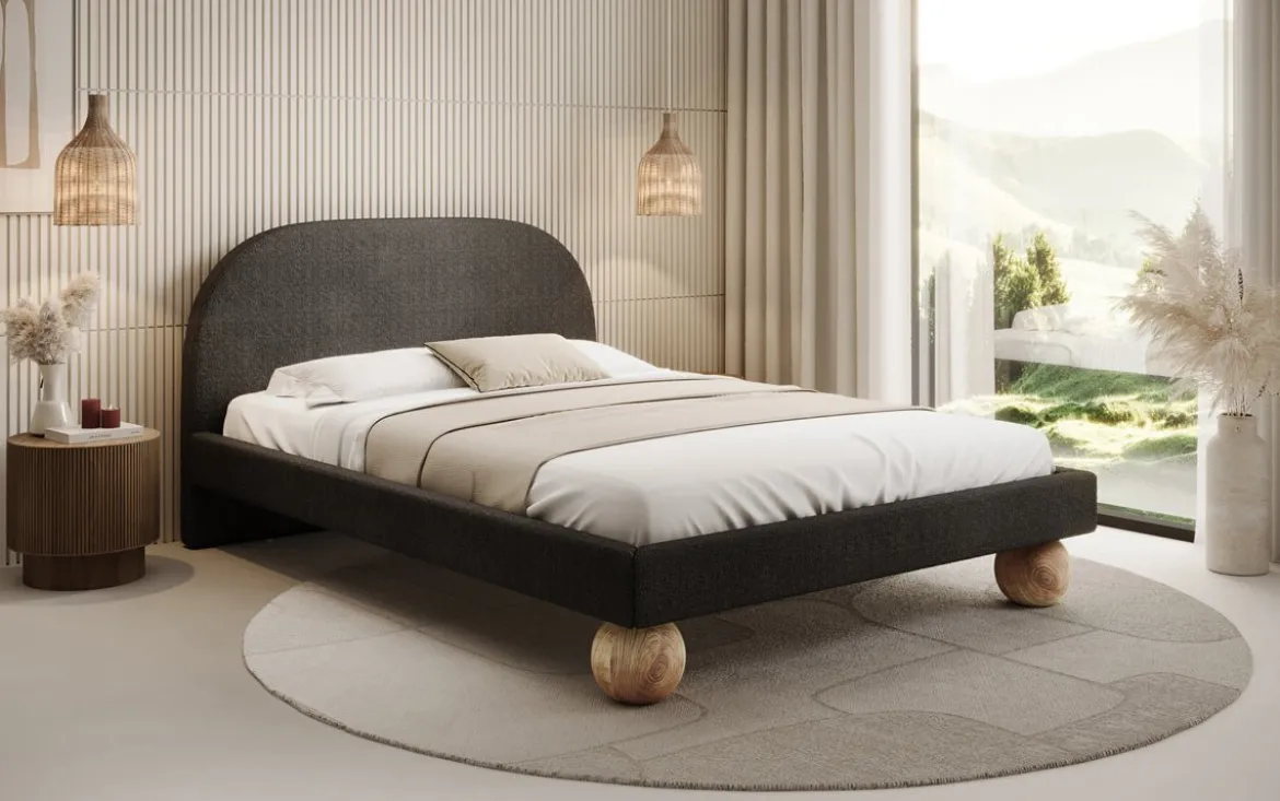 Designer Polsterbett Milo in Bouclé mit runden Holzfüßen