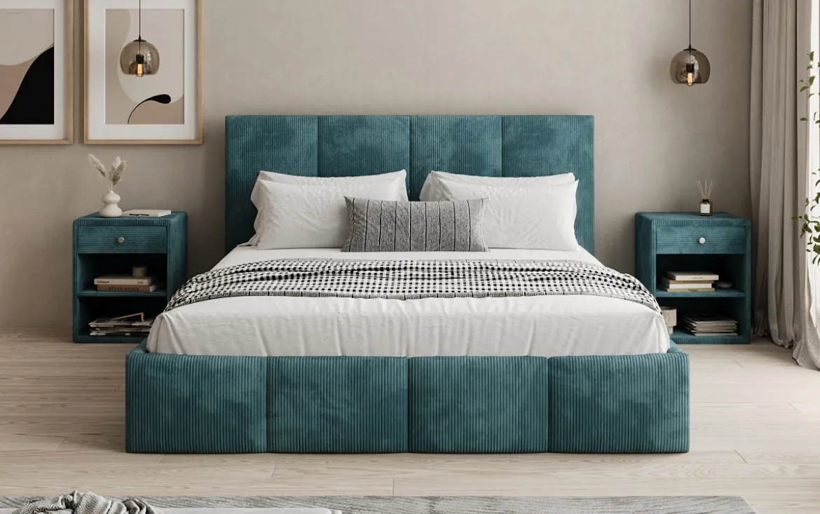 Designer Polsterbett Mina in Cord mit Stauraum