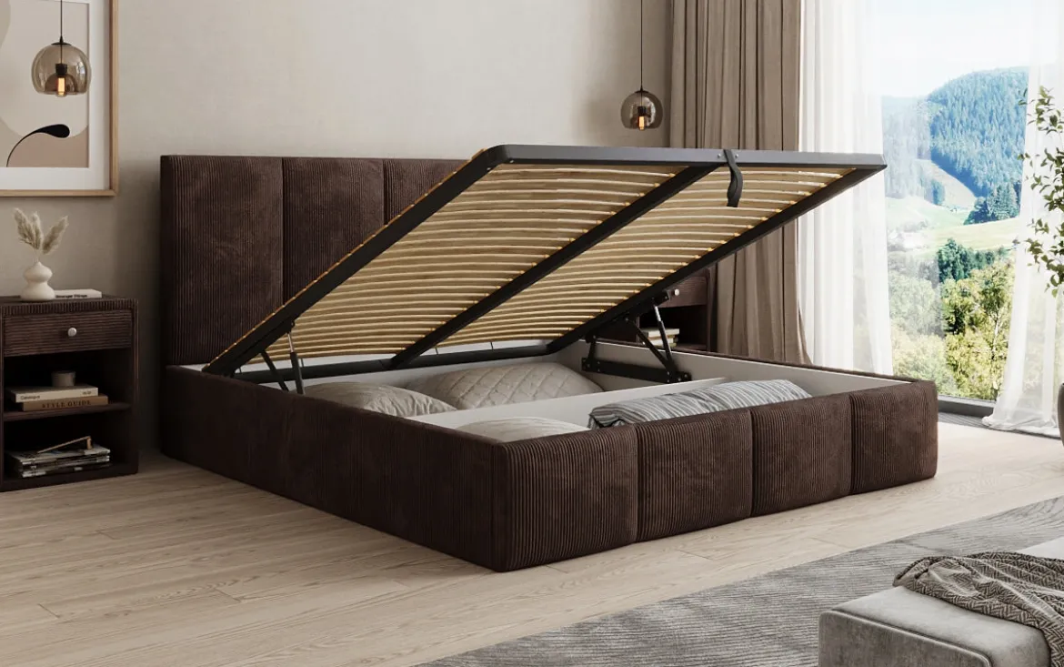 Designer Polsterbett Mina in Cord mit Stauraum