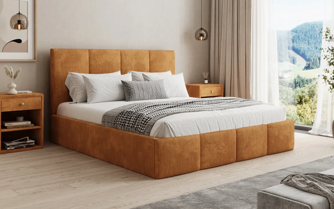 Designer Polsterbett Mina in Cord mit Stauraum
