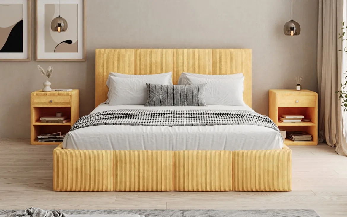 Designer Polsterbett Mina in Cord mit Stauraum