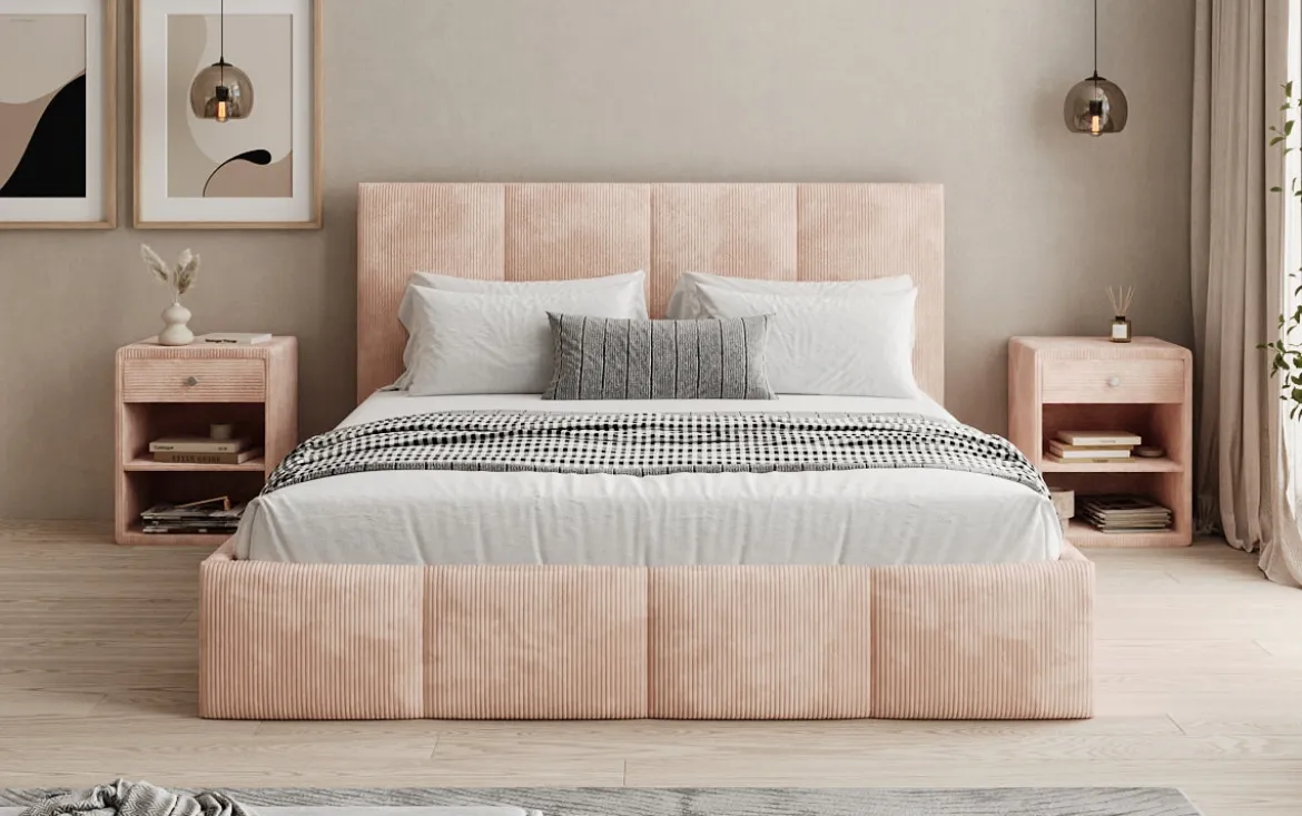 Designer Polsterbett Mina in Cord mit Stauraum