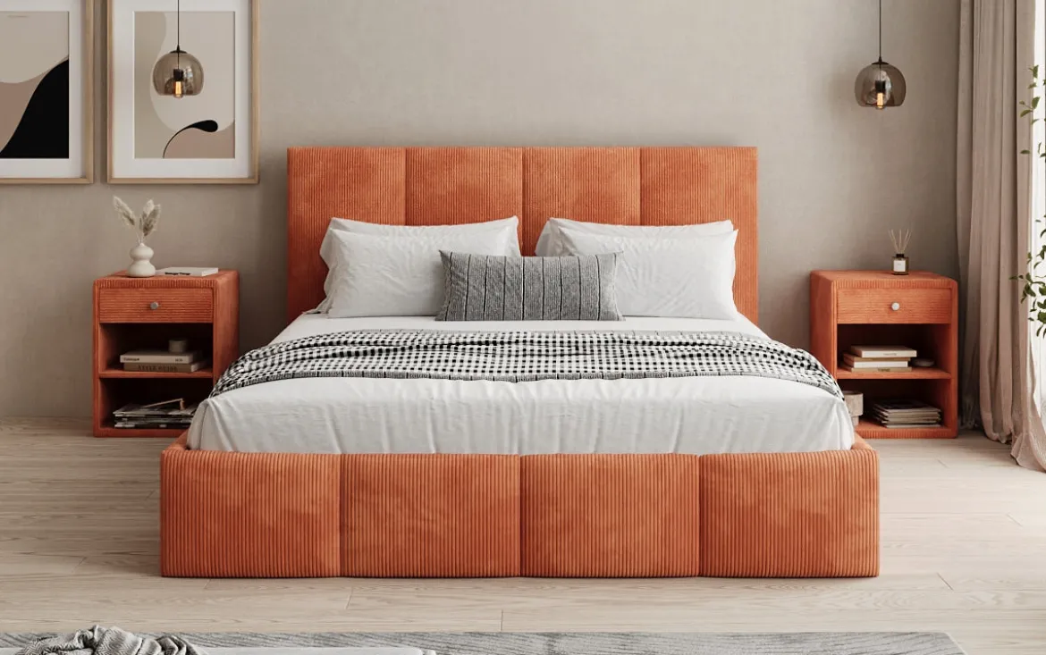 Designer Polsterbett Mina in Cord mit Stauraum