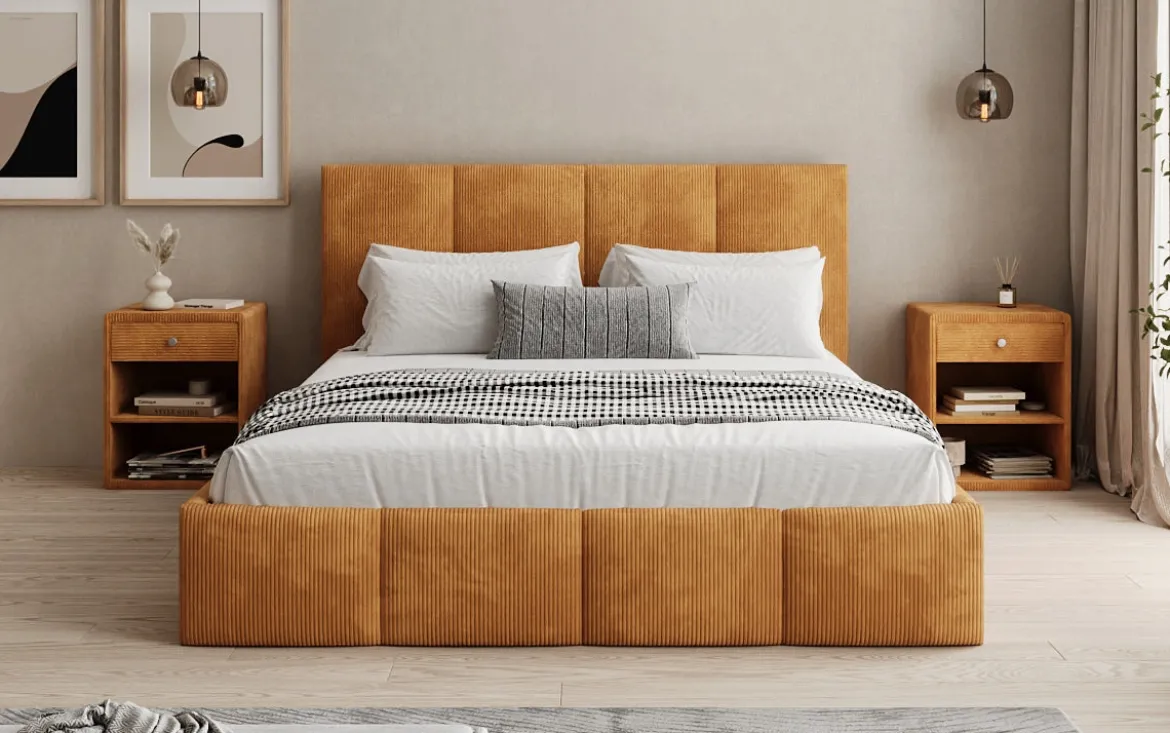 Designer Polsterbett Mina in Cord mit Stauraum