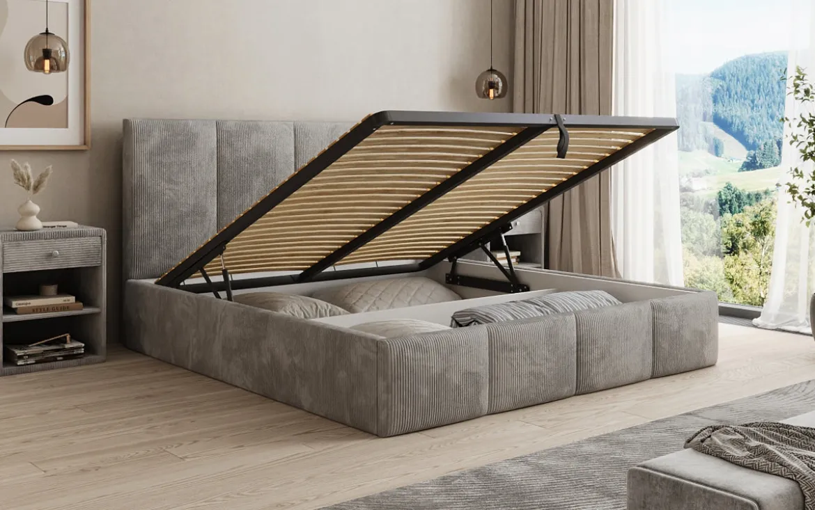 Designer Polsterbett Mina in Cord mit Stauraum