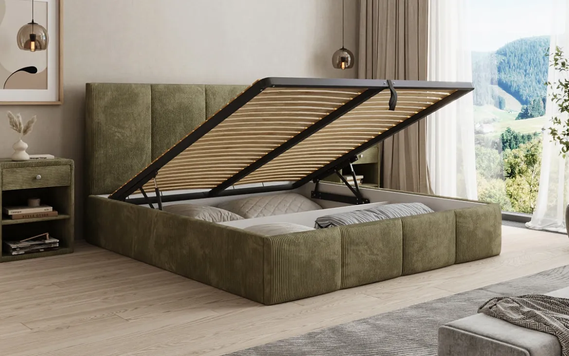 Designer Polsterbett Mina in Cord mit Stauraum
