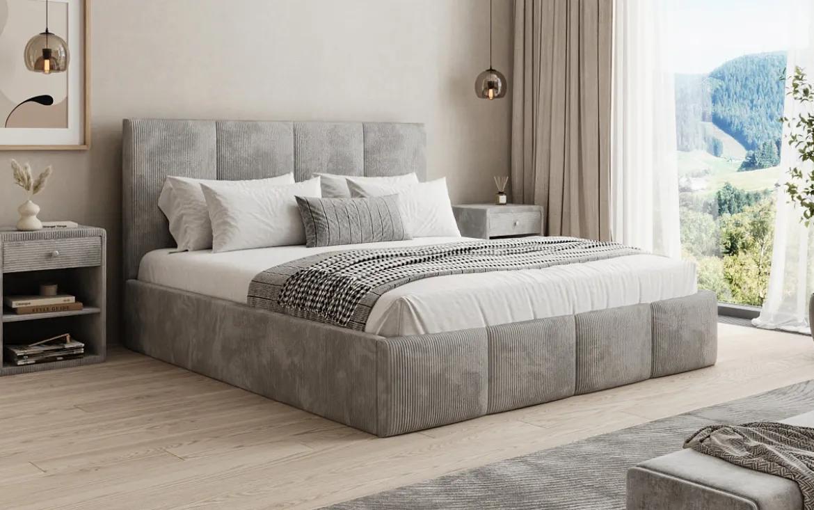 Designer Polsterbett Mina in Cord mit Stauraum
