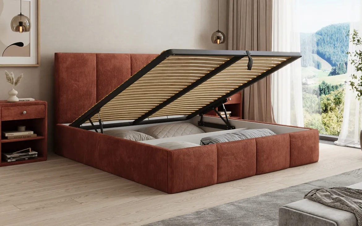 Designer Polsterbett Mina in Cord mit Stauraum
