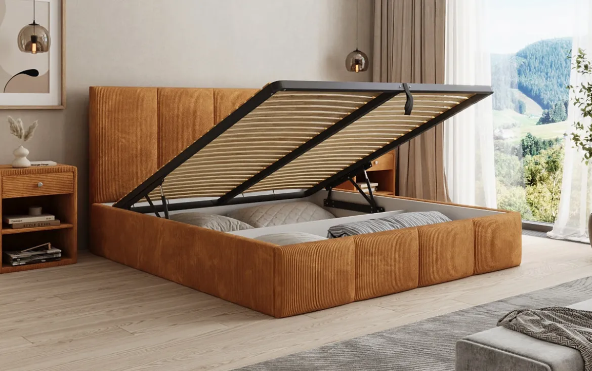 Designer Polsterbett Mina in Cord mit Stauraum