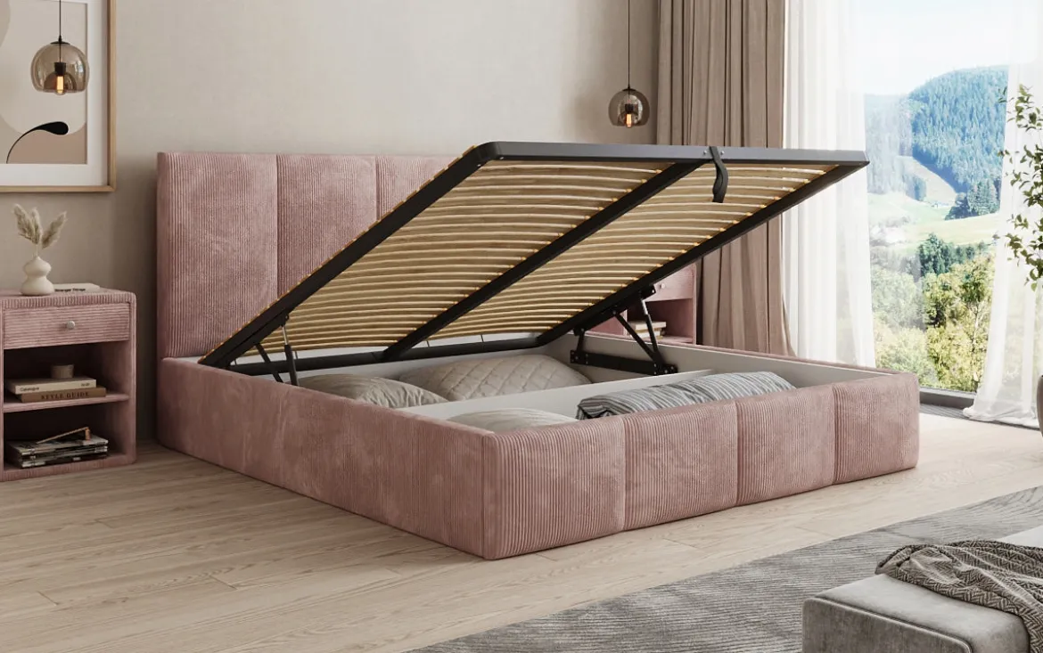 Designer Polsterbett Mina in Cord mit Stauraum