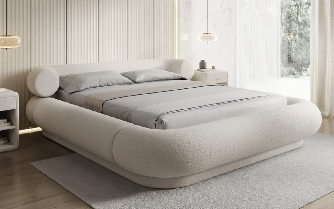 Designer Polsterbett Mochi in Teddy Bouclé mit Stauraum