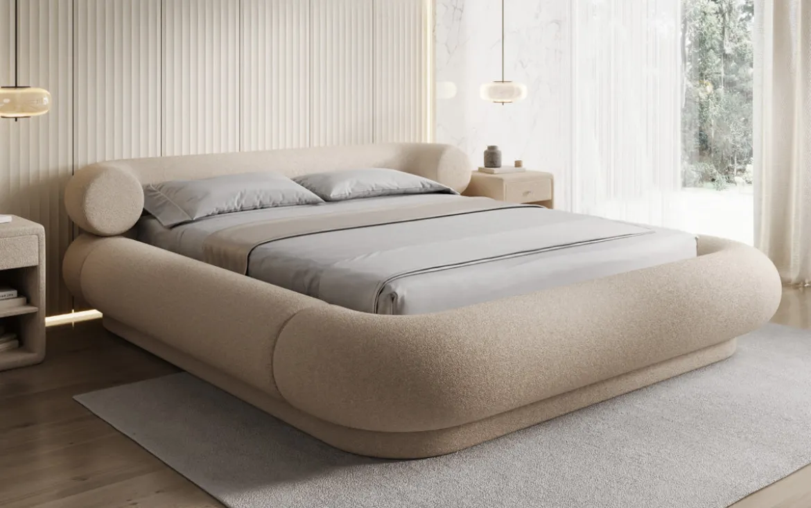 Designer Polsterbett Mochi in Teddy Bouclé mit Stauraum