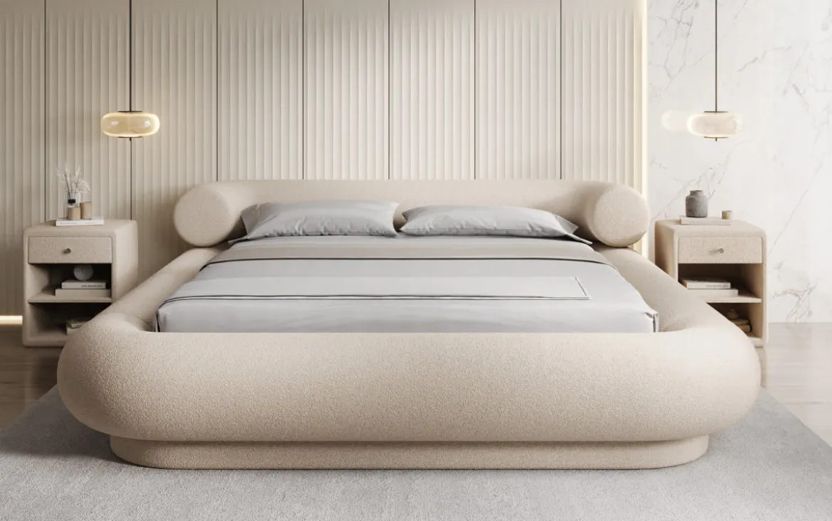 Designer Polsterbett Mochi in Teddy Bouclé mit Stauraum