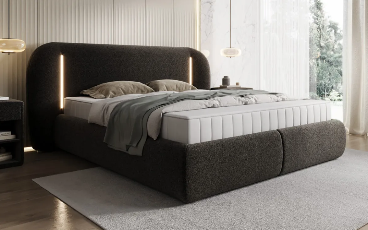 Designer Polsterbett Momo in Strukturstoff mit Stauraum und LED