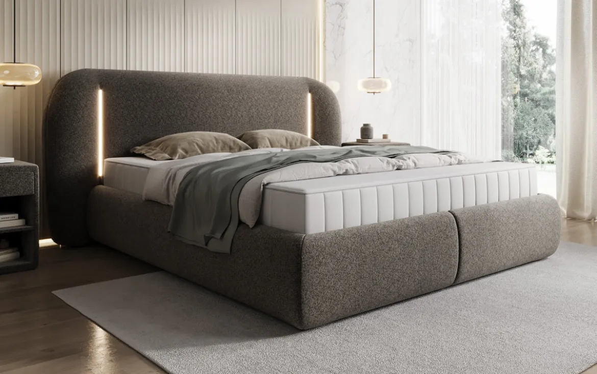 Designer Polsterbett Momo in Strukturstoff mit Stauraum und LED