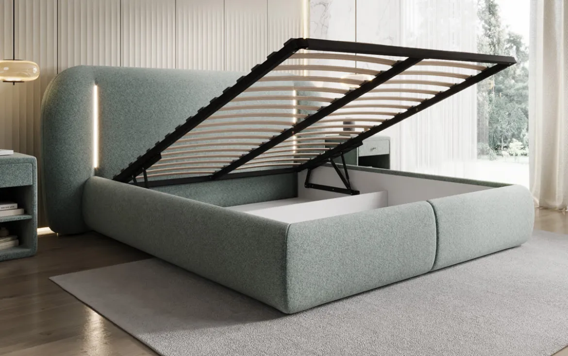 Designer Polsterbett Momo in Strukturstoff mit Stauraum und LED