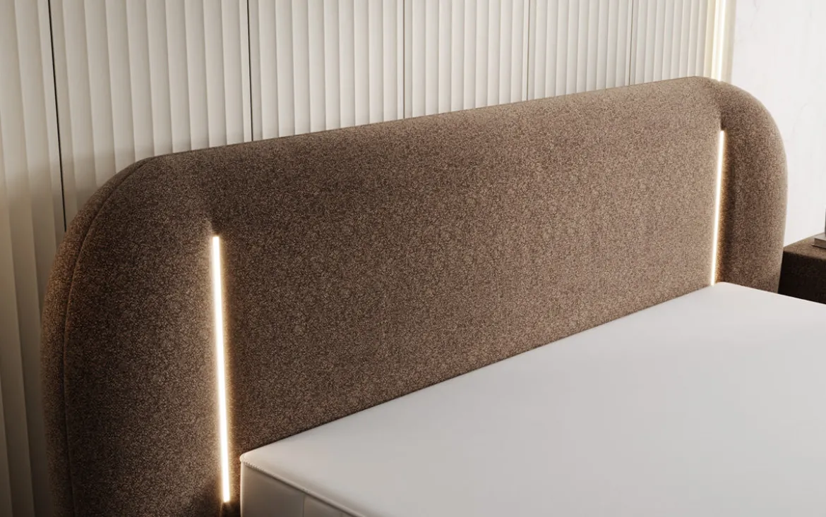 Designer Polsterbett Momo in Strukturstoff mit Stauraum und LED