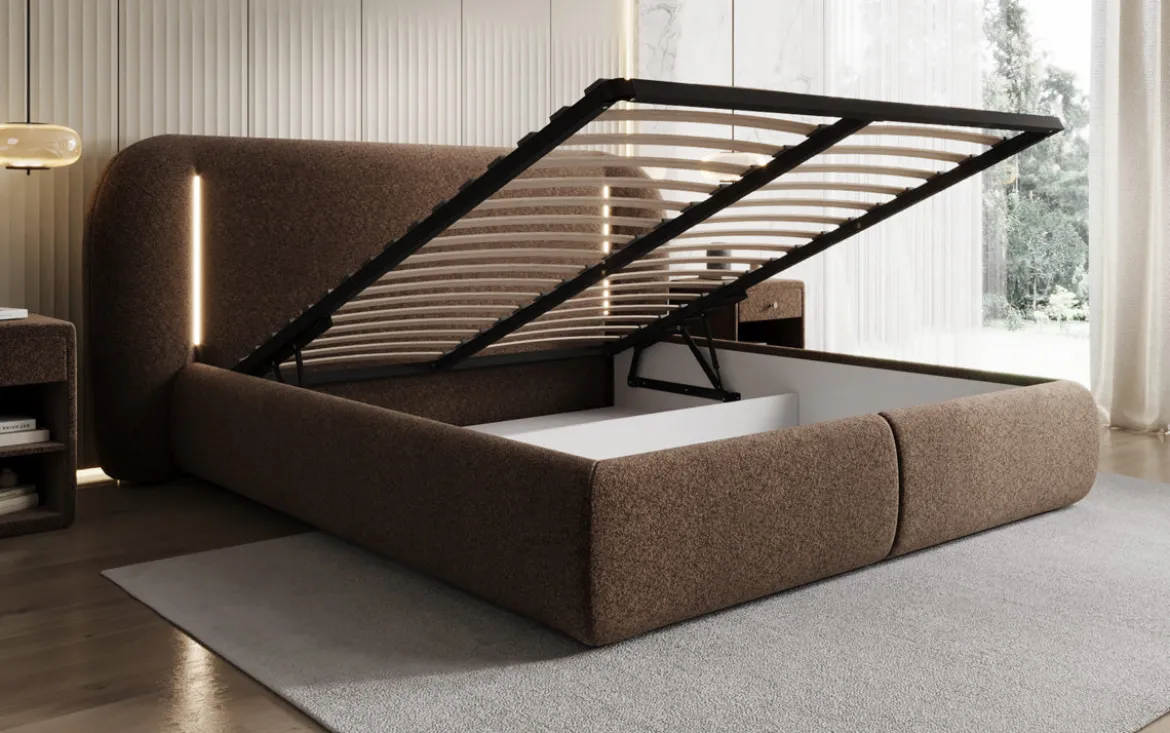 Designer Polsterbett Momo in Strukturstoff mit Stauraum und LED