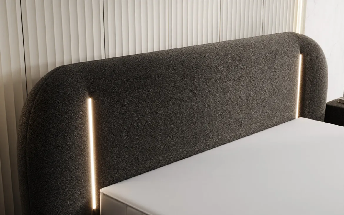 Designer Polsterbett Momo in Strukturstoff mit Stauraum und LED