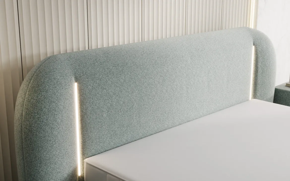 Designer Polsterbett Momo in Strukturstoff mit Stauraum und LED