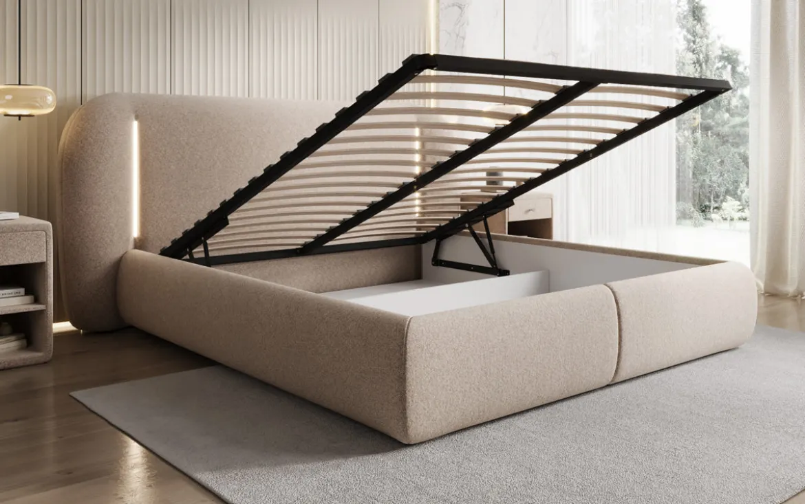 Designer Polsterbett Momo in Strukturstoff mit Stauraum und LED