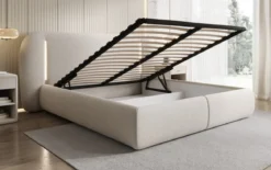 Designer Polsterbett Momo in Strukturstoff mit Stauraum und LED