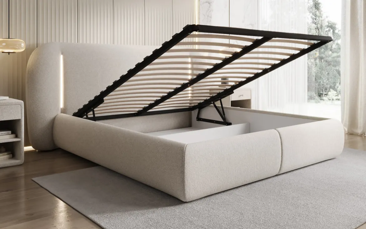 Designer Polsterbett Momo in Strukturstoff mit Stauraum und LED