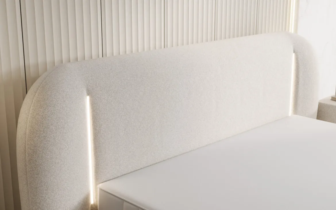 Designer Polsterbett Momo in Strukturstoff mit Stauraum und LED