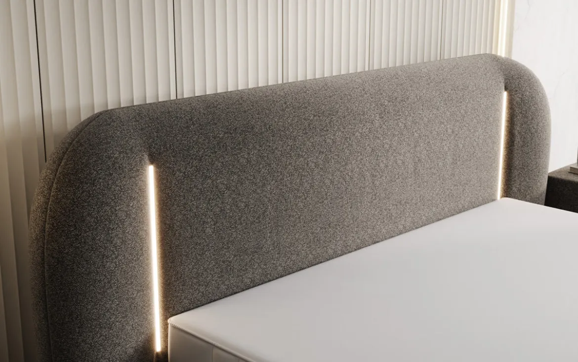 Designer Polsterbett Momo in Strukturstoff mit Stauraum und LED