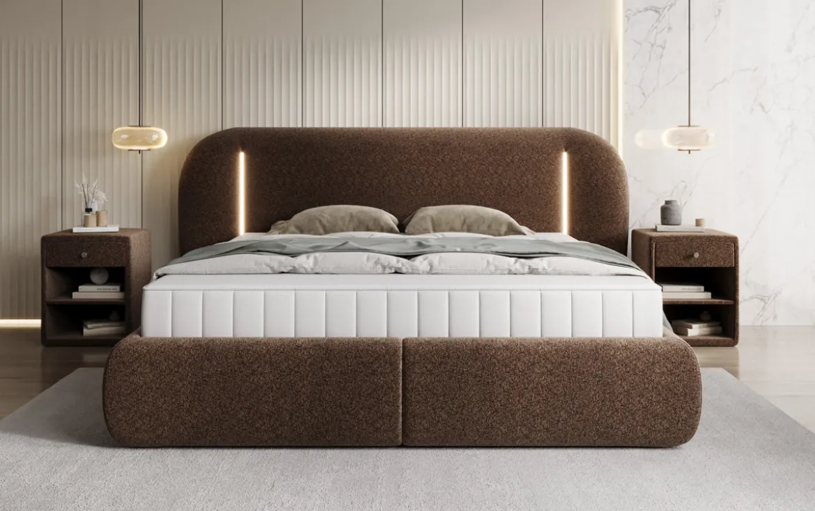 Designer Polsterbett Momo in Strukturstoff mit Stauraum und LED