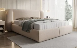 Designer Polsterbett Momo in Strukturstoff mit Stauraum und LED