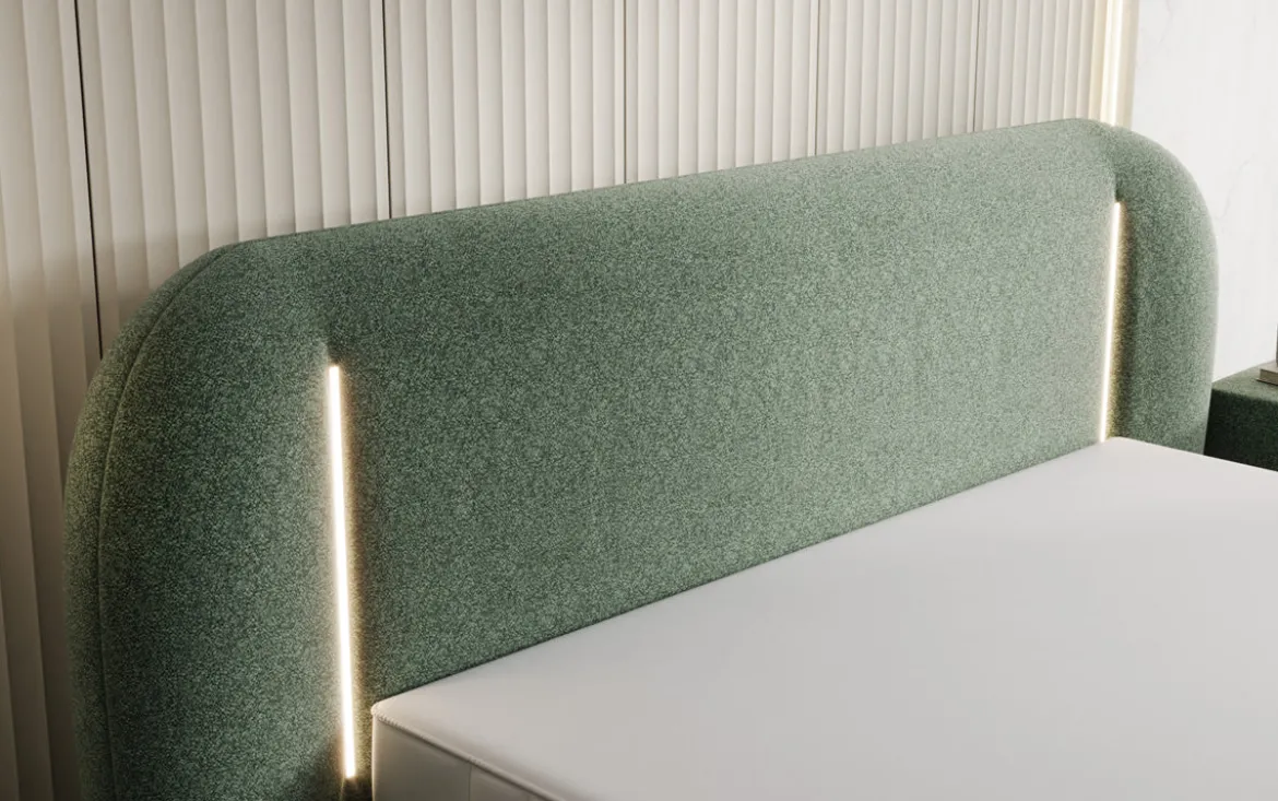 Designer Polsterbett Momo in Strukturstoff mit Stauraum und LED