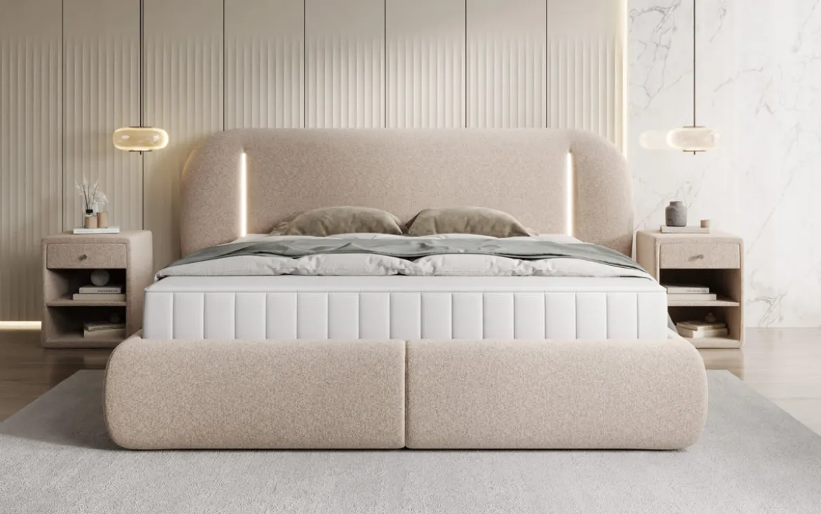 Designer Polsterbett Momo in Strukturstoff mit Stauraum und LED