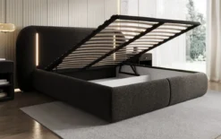 Designer Polsterbett Momo in Strukturstoff mit Stauraum und LED