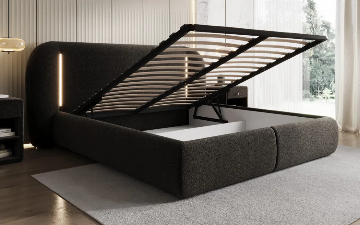 Designer Polsterbett Momo in Strukturstoff mit Stauraum und LED