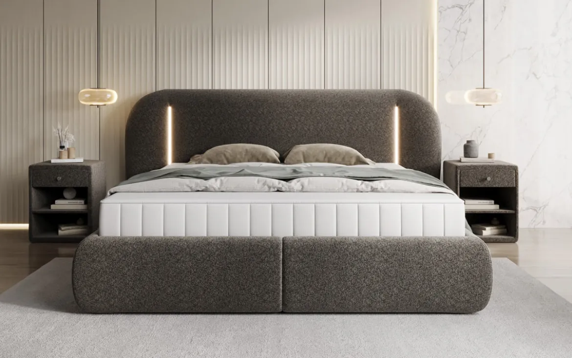 Designer Polsterbett Momo in Strukturstoff mit Stauraum und LED