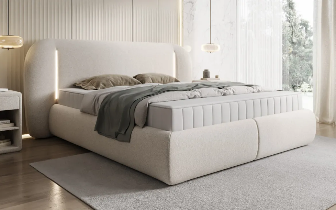 Designer Polsterbett Momo in Strukturstoff mit Stauraum und LED