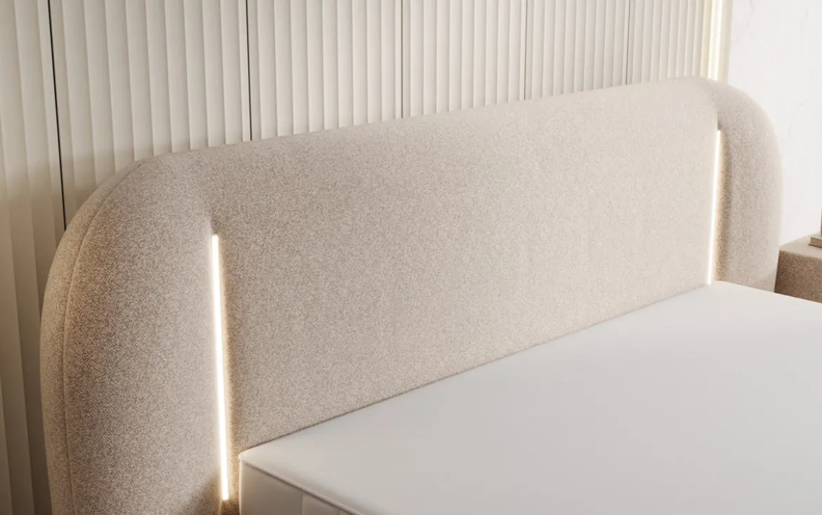 Designer Polsterbett Momo in Strukturstoff mit Stauraum und LED
