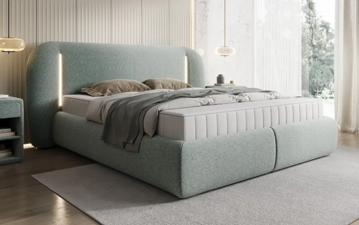 Designer Polsterbett Momo in Strukturstoff mit Stauraum und LED