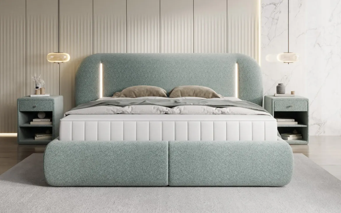Designer Polsterbett Momo in Strukturstoff mit Stauraum und LED